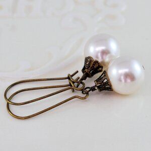 Ivory Christmas Ball Earrings in Antiqued Brass - Hand Made in Canada